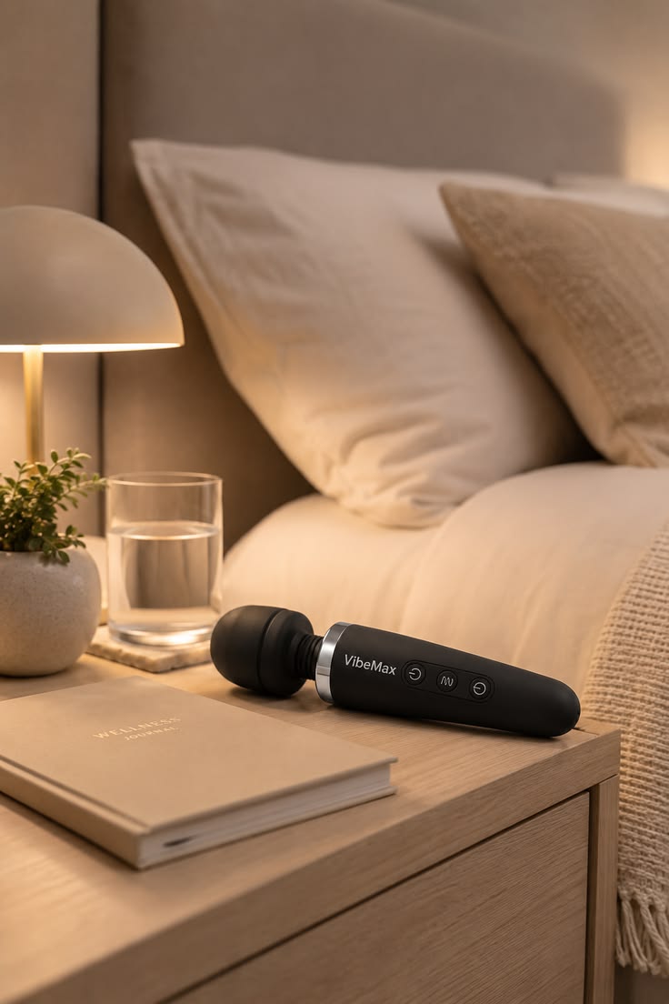 VibeMax intimate wellness product styled on a bedside table
